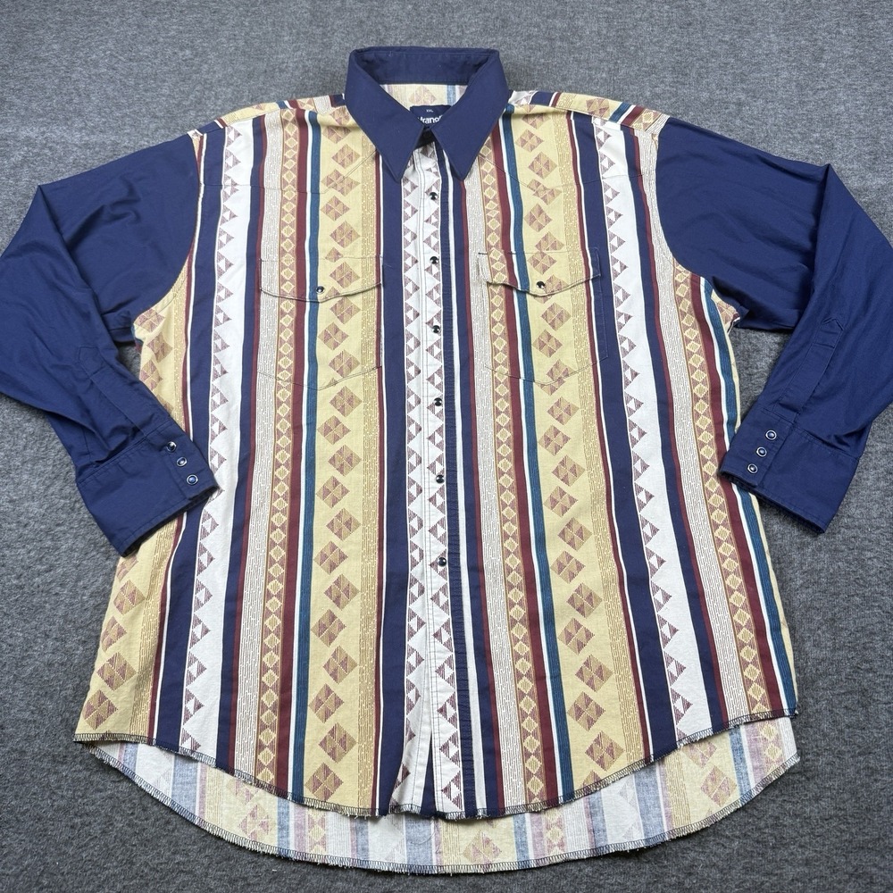 Vintage Wrangler Shirt Mens 2XL Blue Aztec Pearl Snap Long Sleeve Western Rodeo